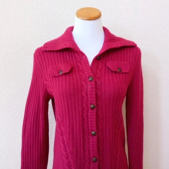 Talbots fuchsia 100% wool ribbed military style cardigan sweater - Picture 2 of 6